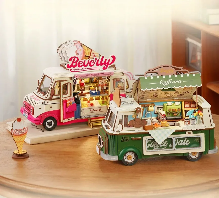 Original Robotime Leo Coffee Truck / Beverly Ice Cream Truck DIY Assembly Model Figure Desktop Ornament Collectible Holiday Gift