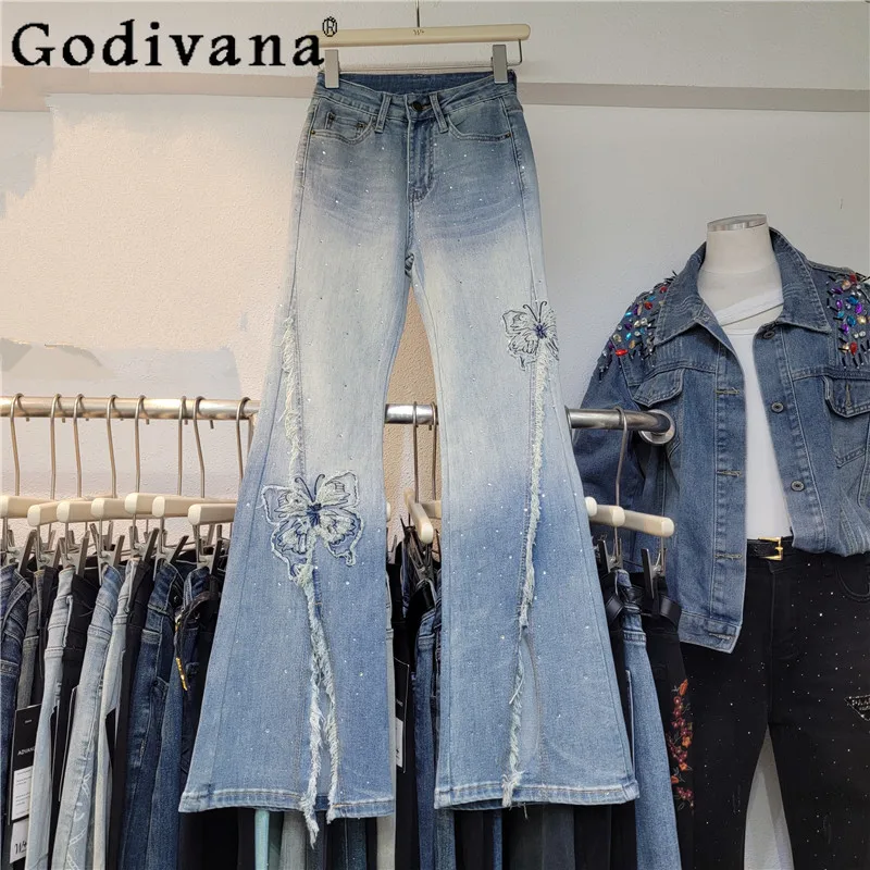 

Корейские женские джинсы с вышивкой бабочки и горячими бриллиантами, весна-лето, эластичные брюки с высокой талией и микророгами