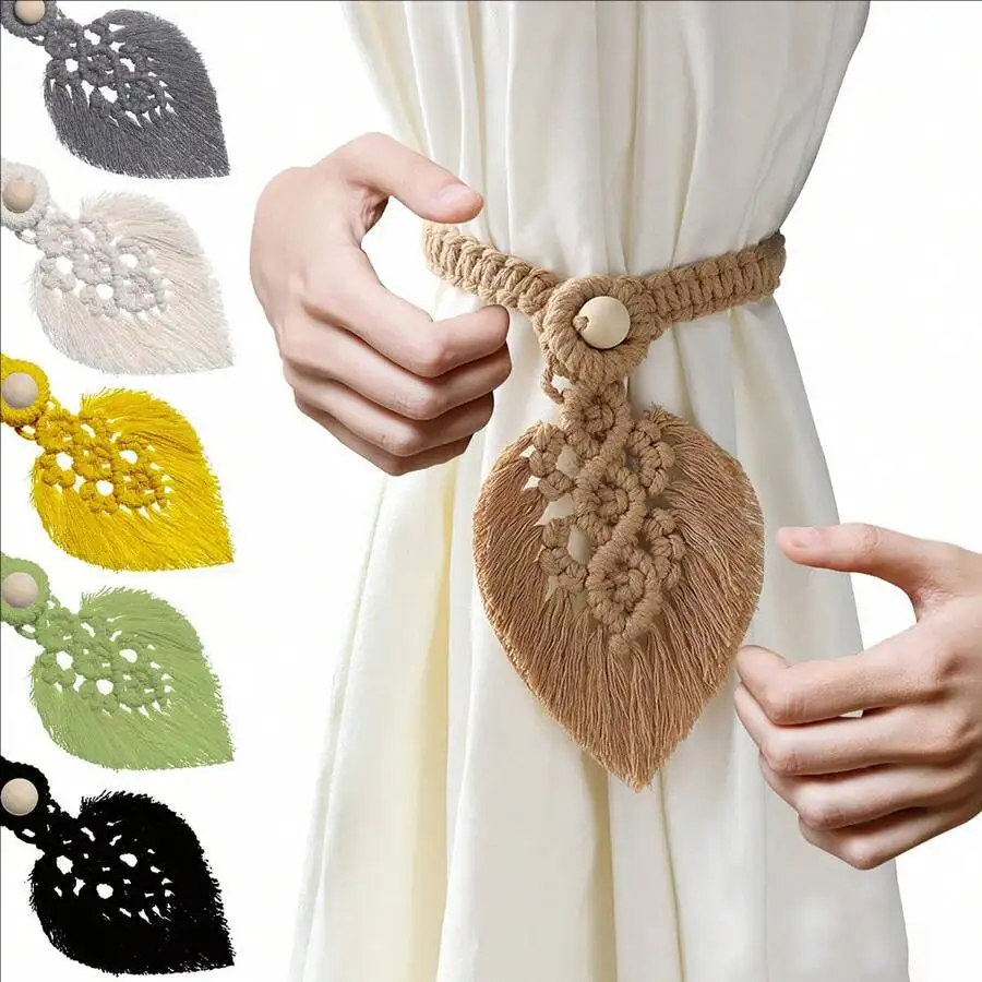 2pcs Handmade Braided Cotton Rope Curtain Fasteners Curtain Ties Tassel Leaf Curtain Ties Bohemian Style