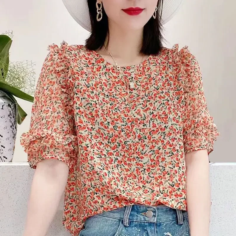 

Шифоновая блузка с короткими рукавами и цветочным принтом, женский топ, новый летний свободный утягивающий универсальный XQ545
