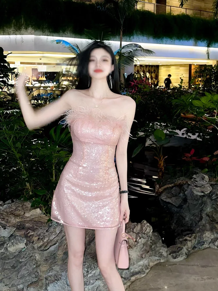 

Pink Feather Trim ort Fit And Flare Dr for Women Princ Sle Wedding Dr with Acrylic Diamond Decoration mid Waist