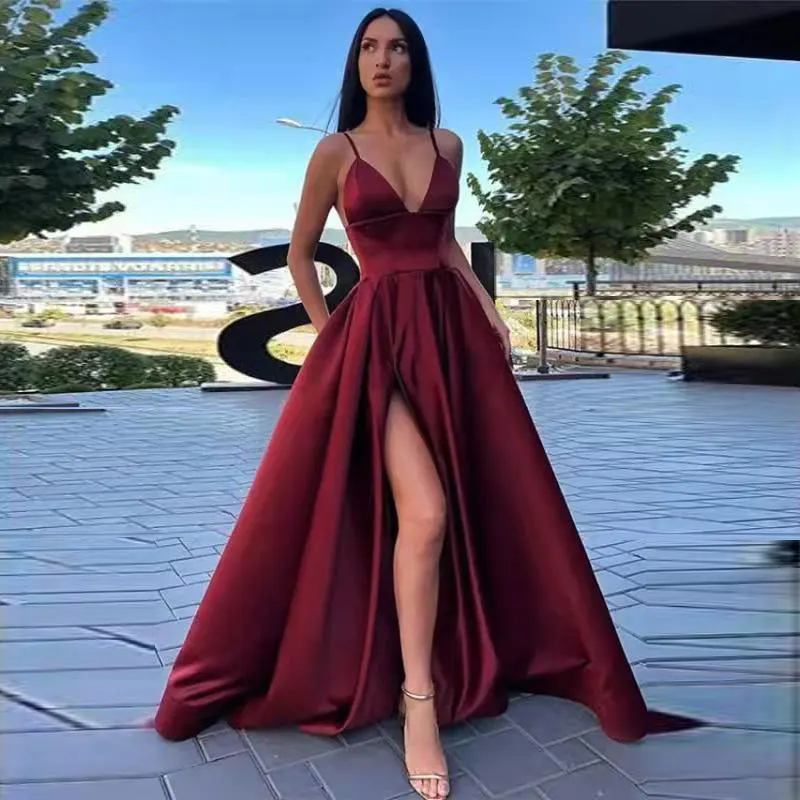 

GUXQD A-Line Women Evening Dresses Spaghetti Straps V-Neck Side Slit Prom Party Gowns Vestido De Noche robes de soirée