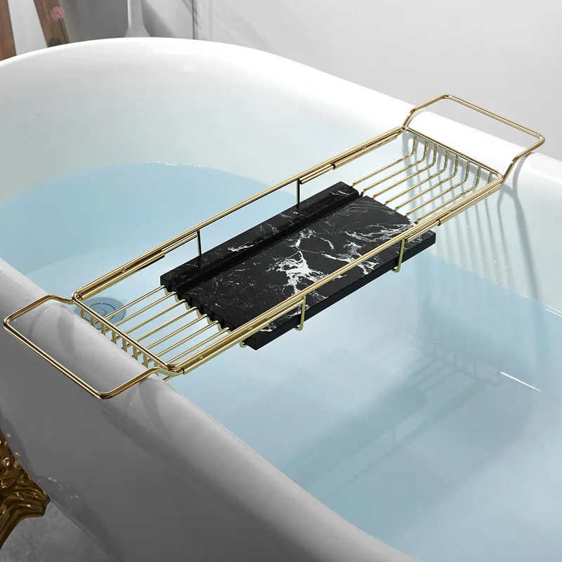 Bathroom retractable storage shelf tray, multifunctional marble bathtub tray