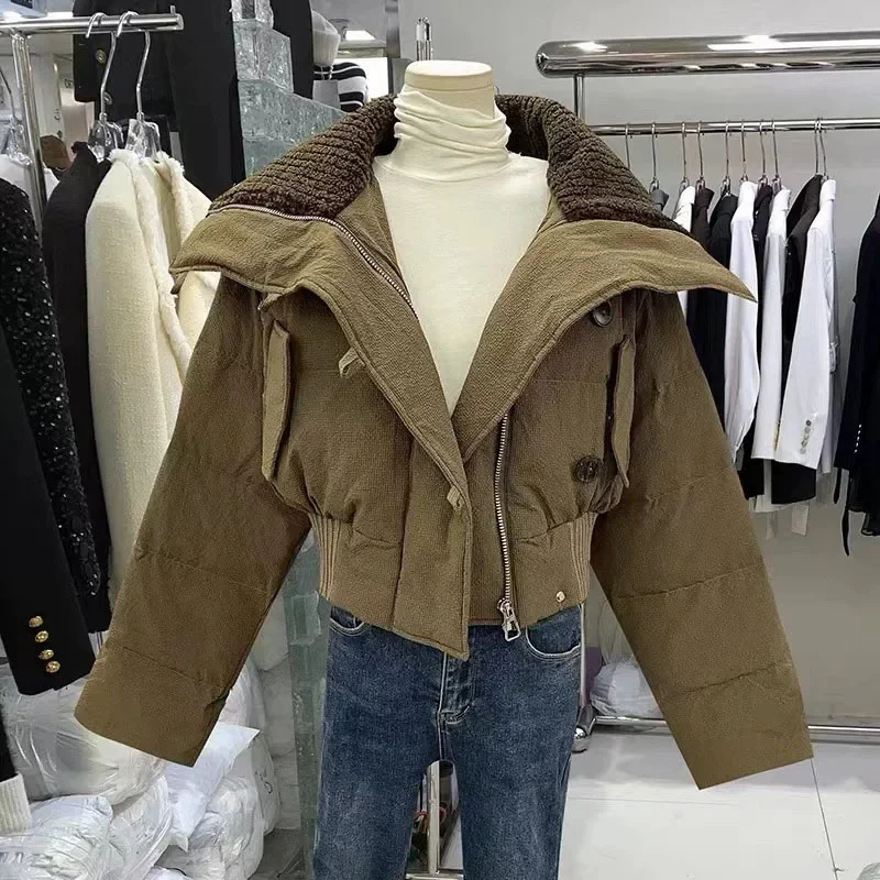 Mode Chic tricot Patchwork col chaud Parka vêtements d'extérieur amples nouveau luxe hiver recadrée vestes femmes vêtements doudoune