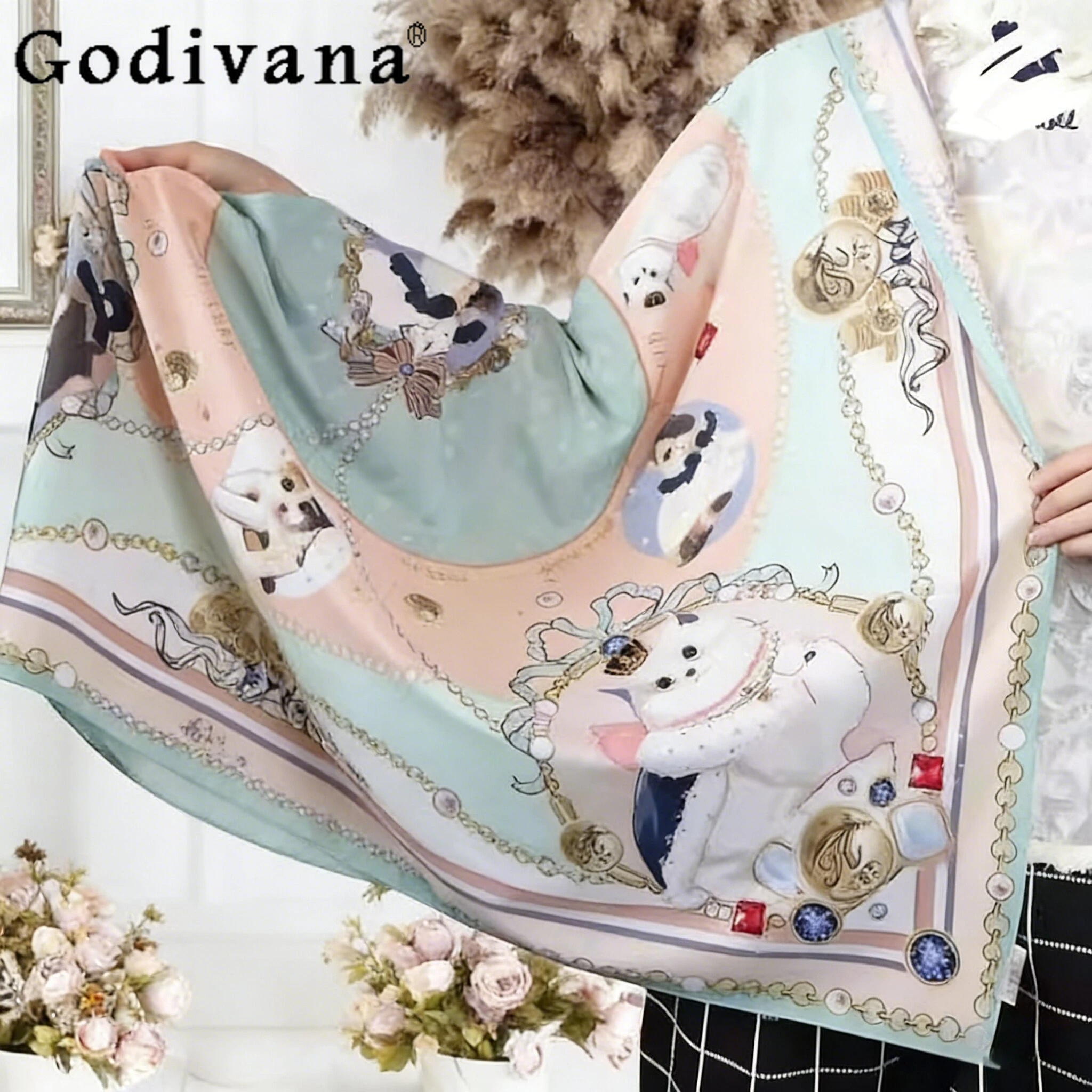 

Новый шелковый шарф-платок для женщин с милым котенком, весна-лето 2026, в стиле колор-блок, универсальный, ручная роспись