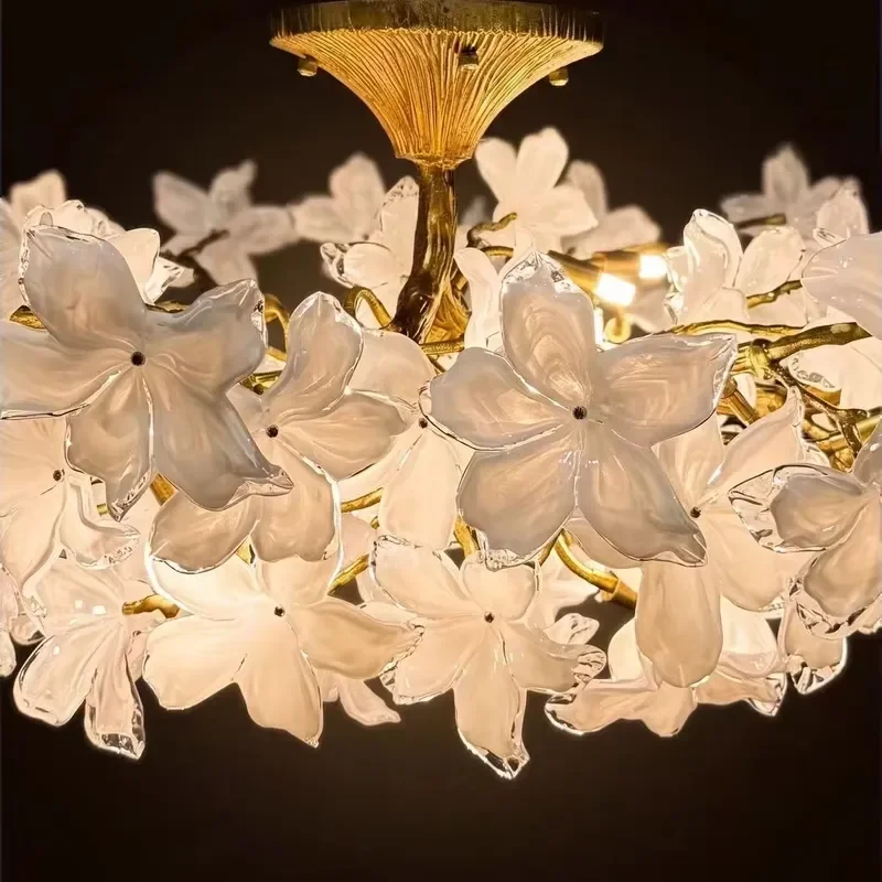 Handmade Flower Glass Chandelier Gold Aluminum Ceiling Lamp Living Room Bedroom Hanging Pendant Light