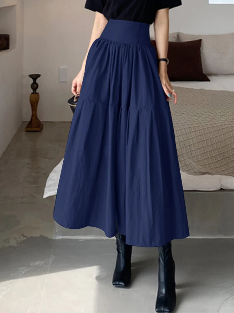 Casual Loose Solid A-line Skirt Celmia 2024 Fashion High Waist Women Vintage Pleated Zipper Swing Long Skirt Party Beach Skirt