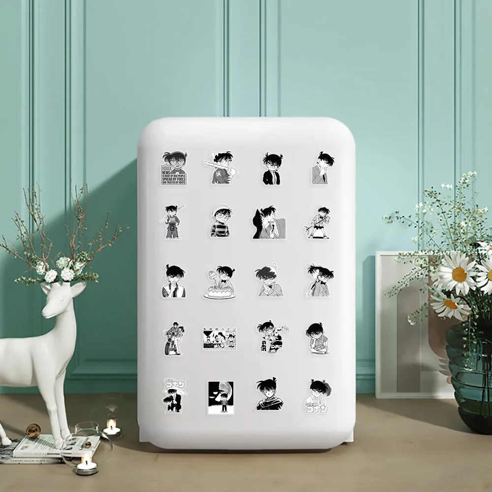 مجموعة ملصقات مكونة من 62 قطعة من المحقق كونان باللونين الأبيض والأسود - شارات الرسوم المتحركة الغامضة للهاتف والكمبيوتر المحمول
