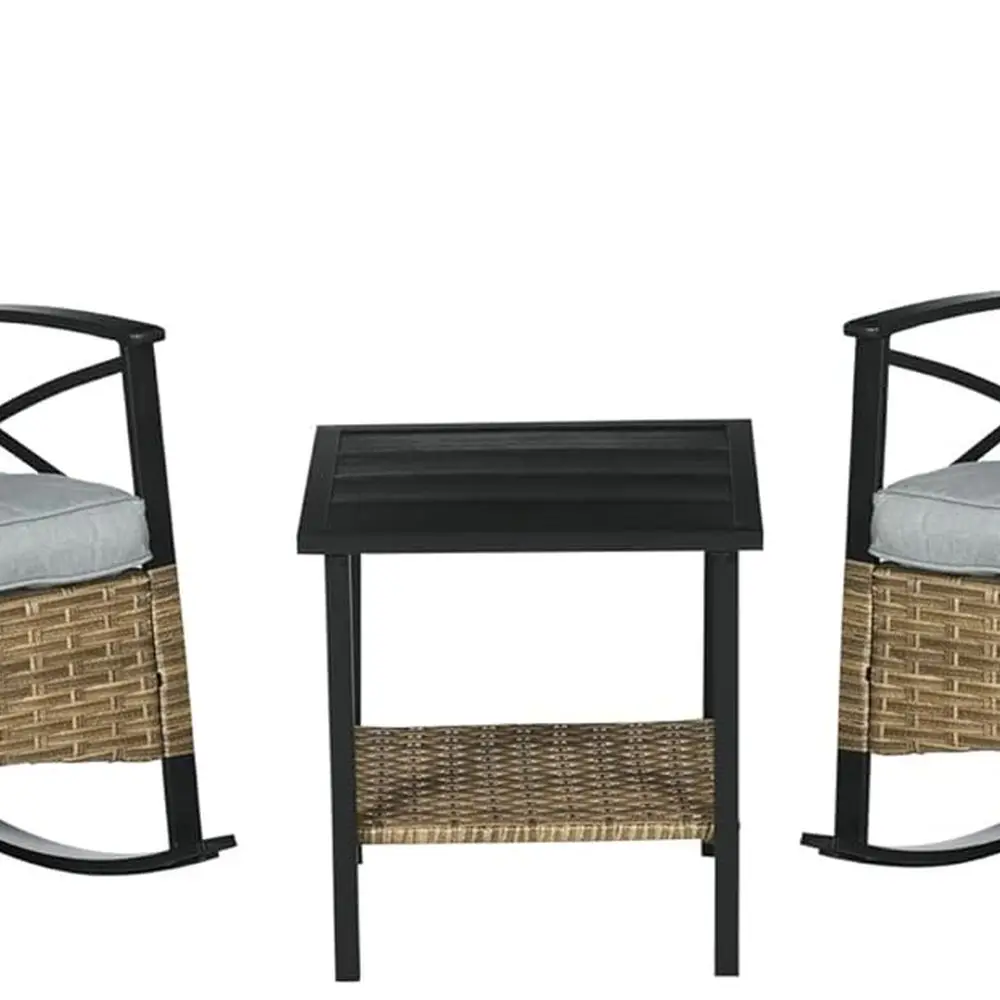 

Patio Rocking Chair Set, Outdoor Wicker Bistro Set with 2 Cushioned Porch Rockers and 2 Tier Coffee Table for Garden, Porch, Bac