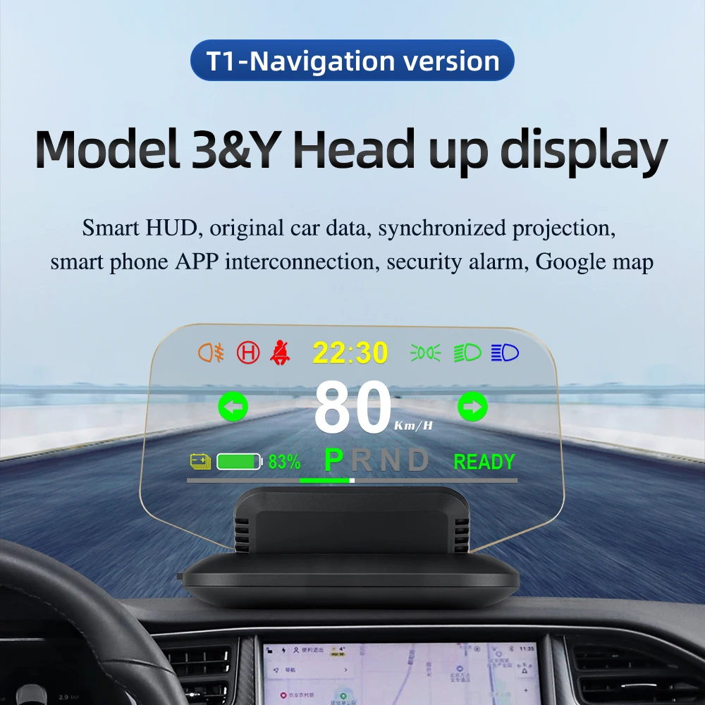 5.5 Inch T1 Auto Electronic HUD: 2+GPS, HD LCD Digital Speedometer, Navigation & Car Alarm, Compatible with  Model 3 Y