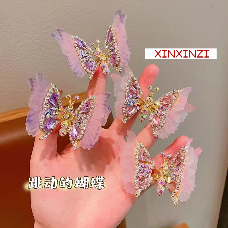 2PCS New Princess Embroidered Butterfly Lovely Girls Hairpins Children Headwear Hairgrip Hair Clips Barrettes Hair Accessories