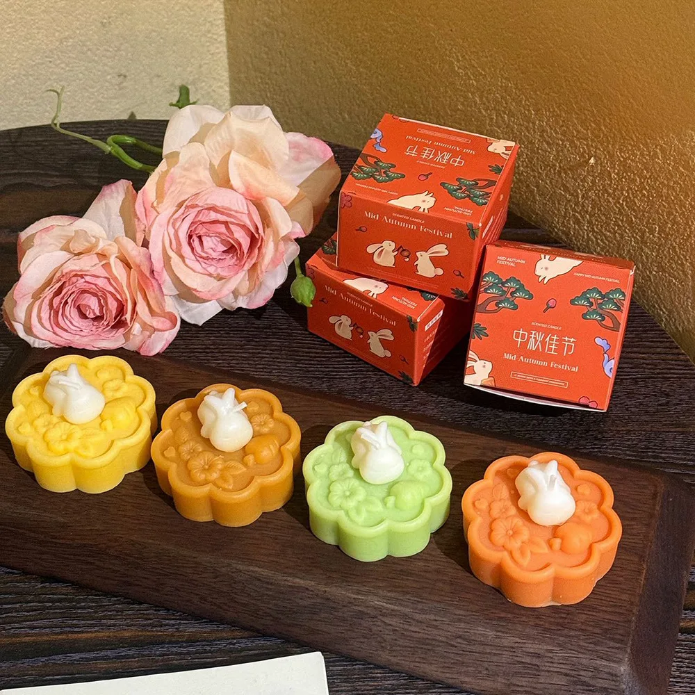 Mid‑Autumn Mooncake Rabbit Shaped Scented Candle Gift Box Soy Wax Aromatherapy Candle Creative Home Decor Ornament