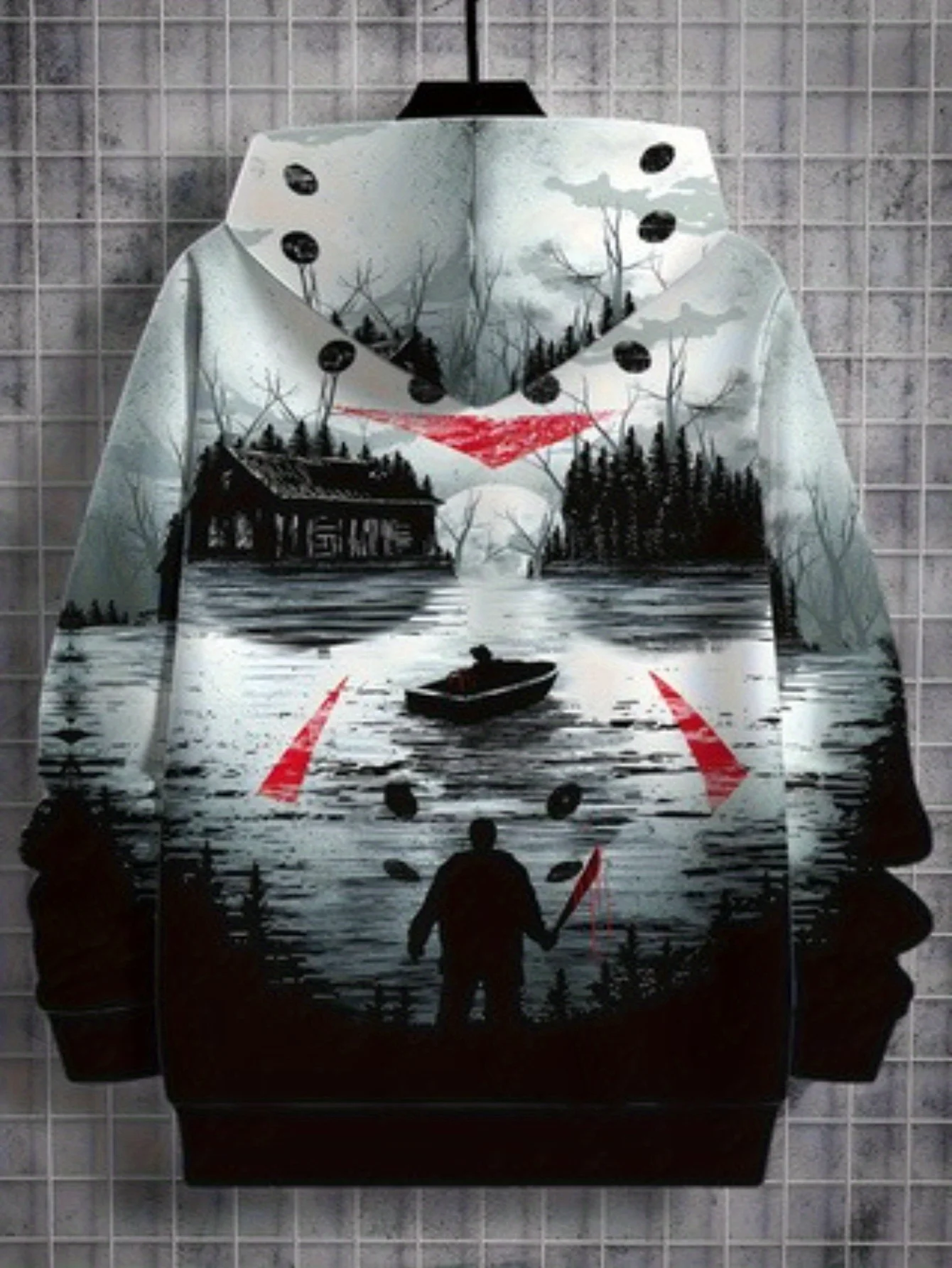 Mens Gradient Tone Hoodie Spooky Lakeside House Woods Creepy Figure Mask Full Over Print Scary Daily Casual Sweat Top