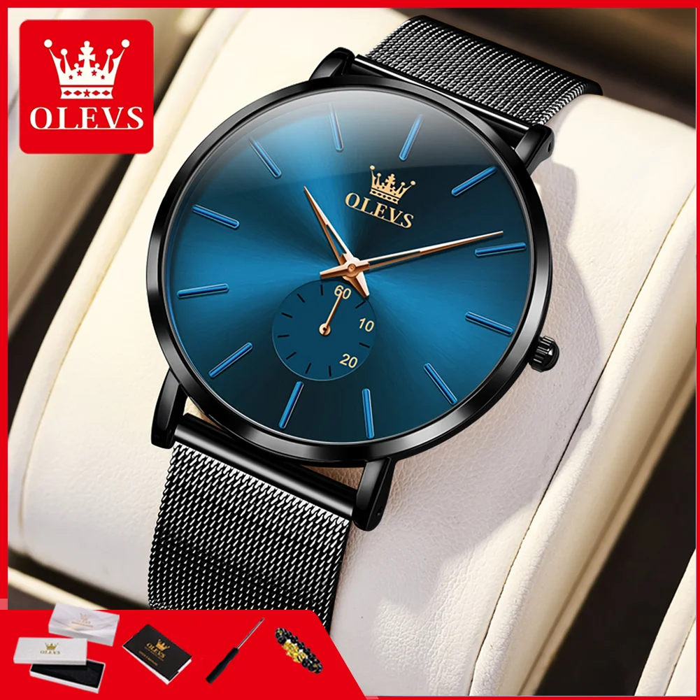 OLEVS 9954 Minimalistische Quarzuhren für Herren Ultraflach 7,5mm Original Mesh-Stahlarmband Wasserdicht Chronograph Herrenuhr