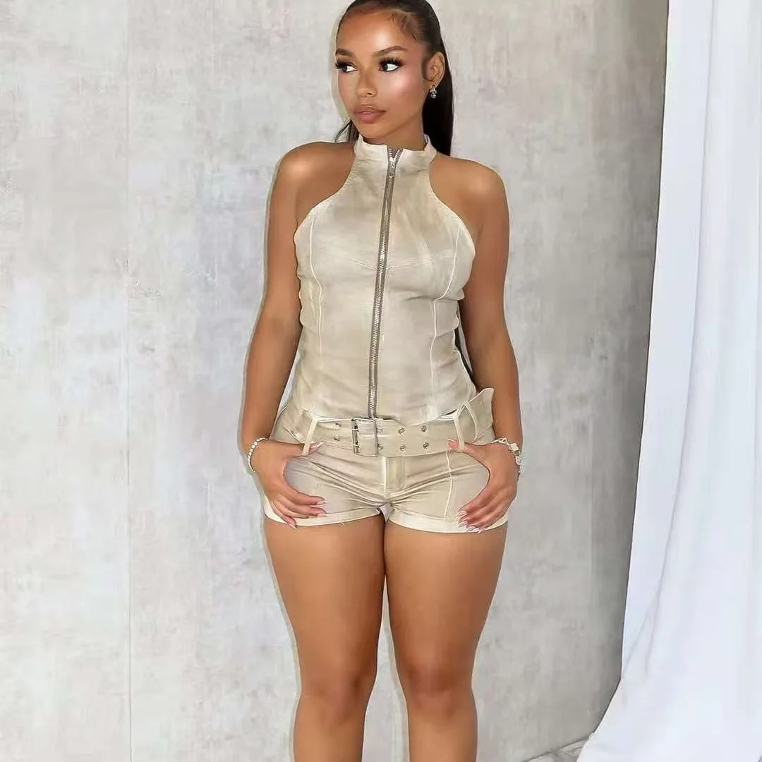 

Женские короткие комплекты из двух предметов, однотонный одинаковый комплект, пальто без рукавов на молнии, мини-ючные брюки, узкая уличная одежда, повседневная одежда, лето 2023 г.