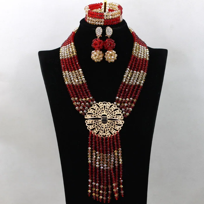 Hot Necklace Fashion Nigerian Beaded Necklaces Sets Red Crystal Beads Wedding Necklace Bridal Jewelry Sets  ABK160