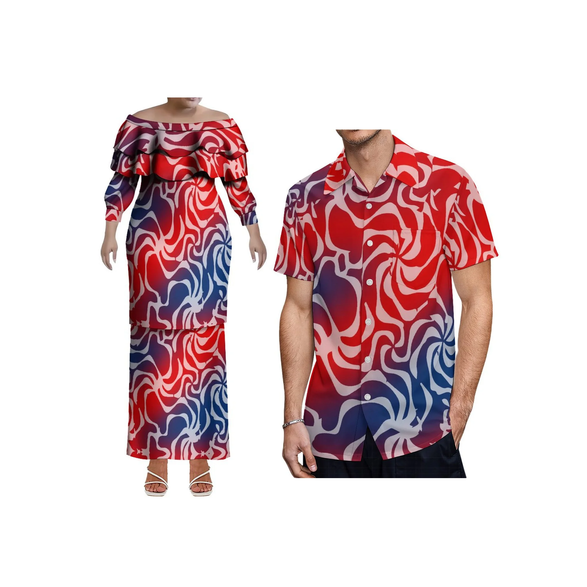 Novo estilo polinésia design dupla camada babados fora do ombro samoan puletasi conjunto vestido 2 pçs personalizado senhoras duas peças conjunto dres