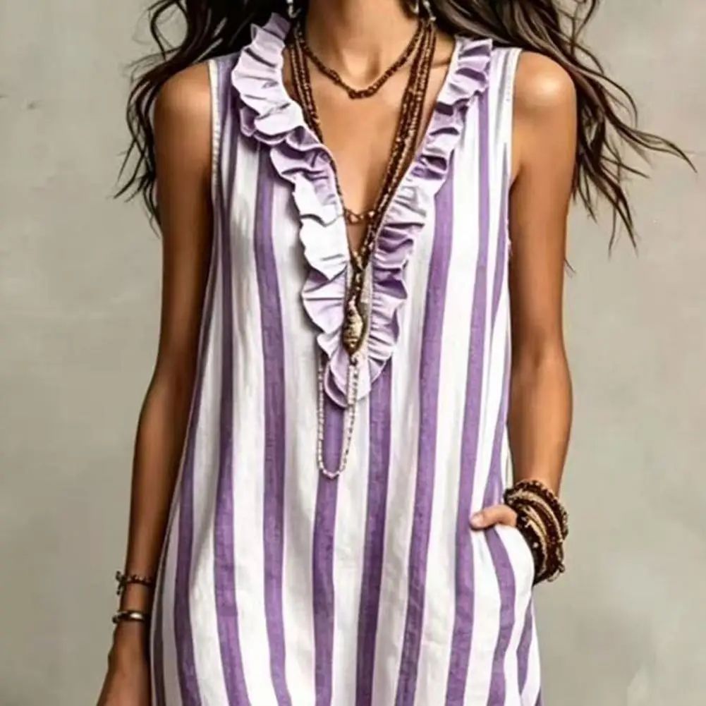 Vestido Maxi de Lino y Algodón a Rayas para Mujer, Sin Mangas, con Volantes, Cuello en V, Vestido Largo Bohemio, Vestido de Playa Fluido con Bolsillos, Elegante