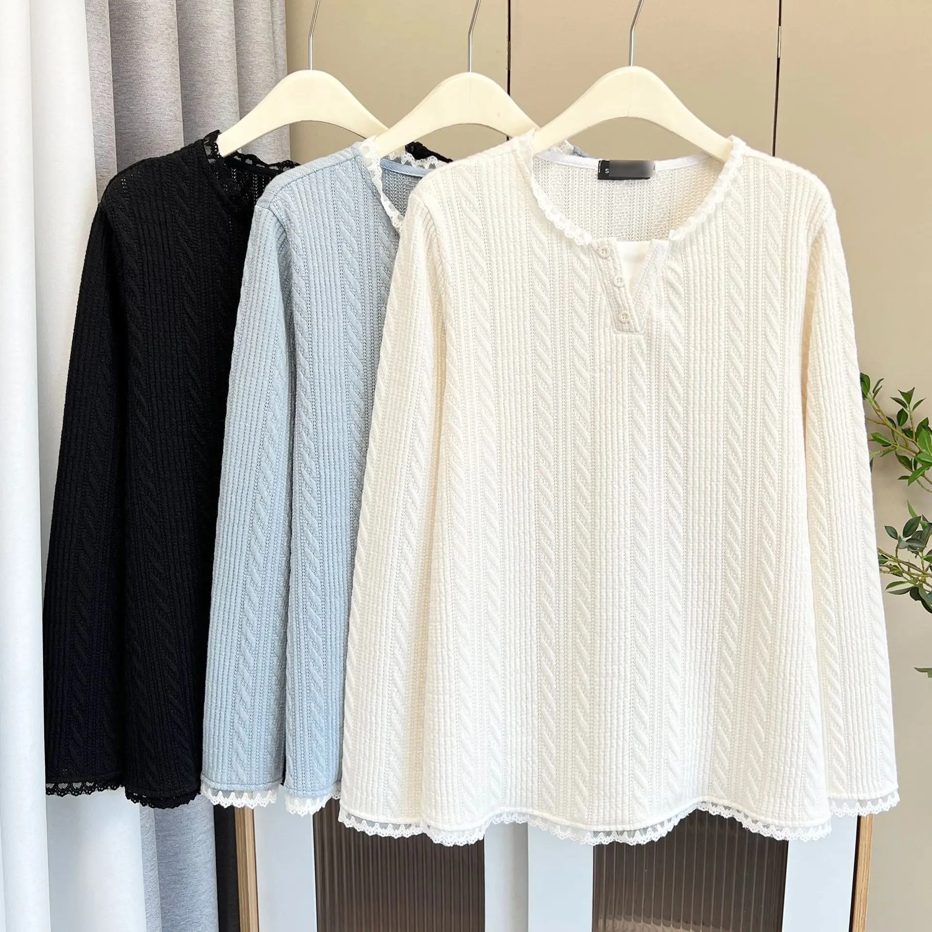 Модная женская футболка больших размеров с кружевным воротником, топы из двух предметов с длинными рукавами, осень 2025 г.