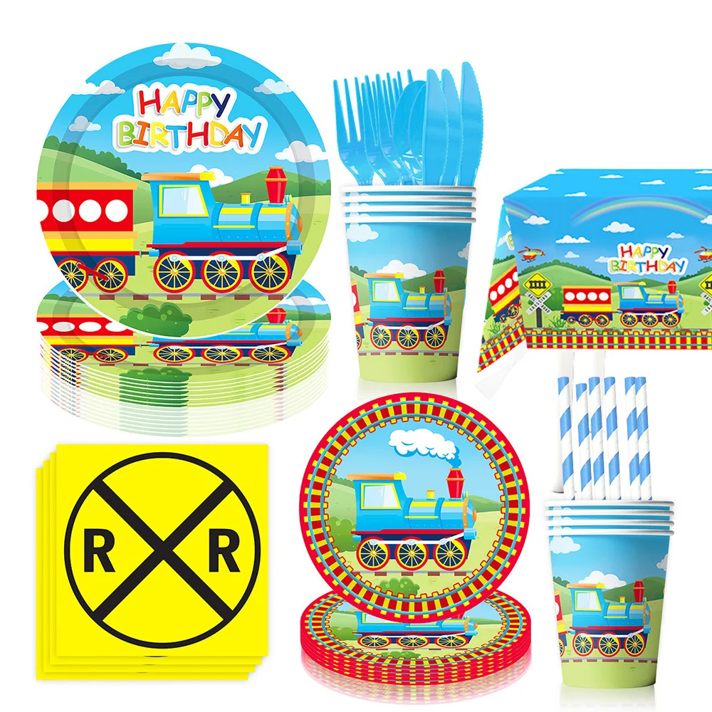 

Train Party Supplies Dinnerwares Kid Birthday Paper Plates Napkins Cups Tablecloth Forks Disposable Train Party Dessert Supplies