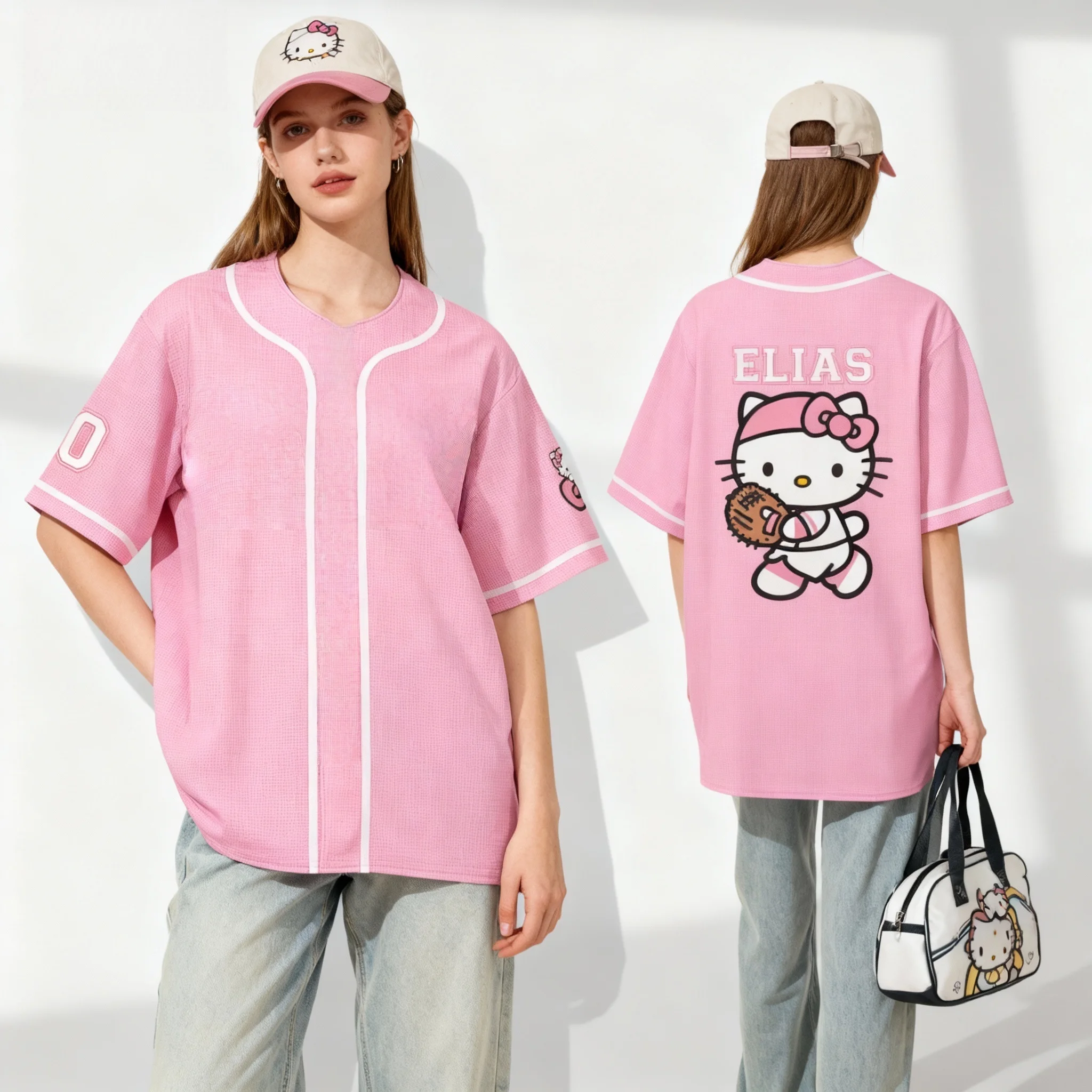 قميص سانريو فاميلي كورومي هالو كيتي تي شيرت صيفي حلو ورائع للشارع الأمريكي مقاس كبير للسيدات البالغات طراز جديد