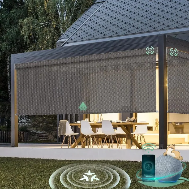Motorized Retractable Blackout Outdoor Blinds French Window Zip Screen Sun Shade Windproof Window Roller Shades Black-French