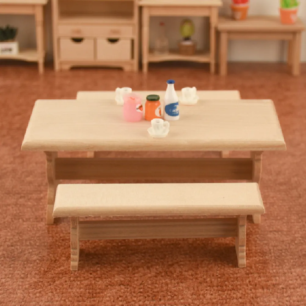 

1Set Miniature Furniture Wooden Table Bench 112 Scale Creative Smooth Surface Round Edge Photo Props Micro Landscape
