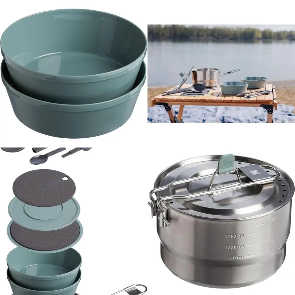 

14-Piece Stainless Steel Camping Cookware Set: 1.65qt Saucepan, Foldable Handle, Bowls, Utensils, Cutting Board - BPA-Free Camp