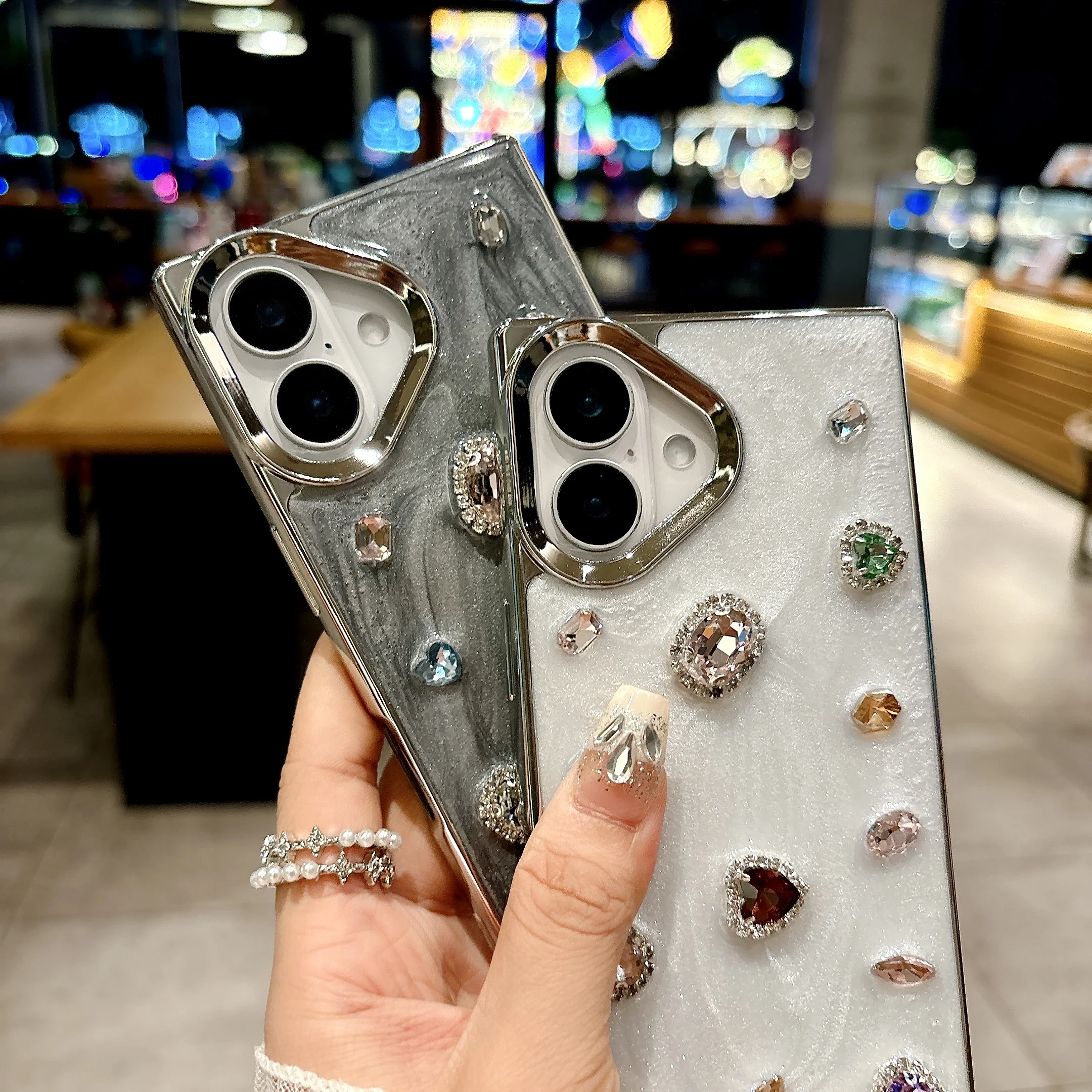 Fashion Glitter Diamond Straight Edges Plating Phone Case for iPhone 12 13 14 15 Quicksands Texture Girly Cover for 16 Pro Max