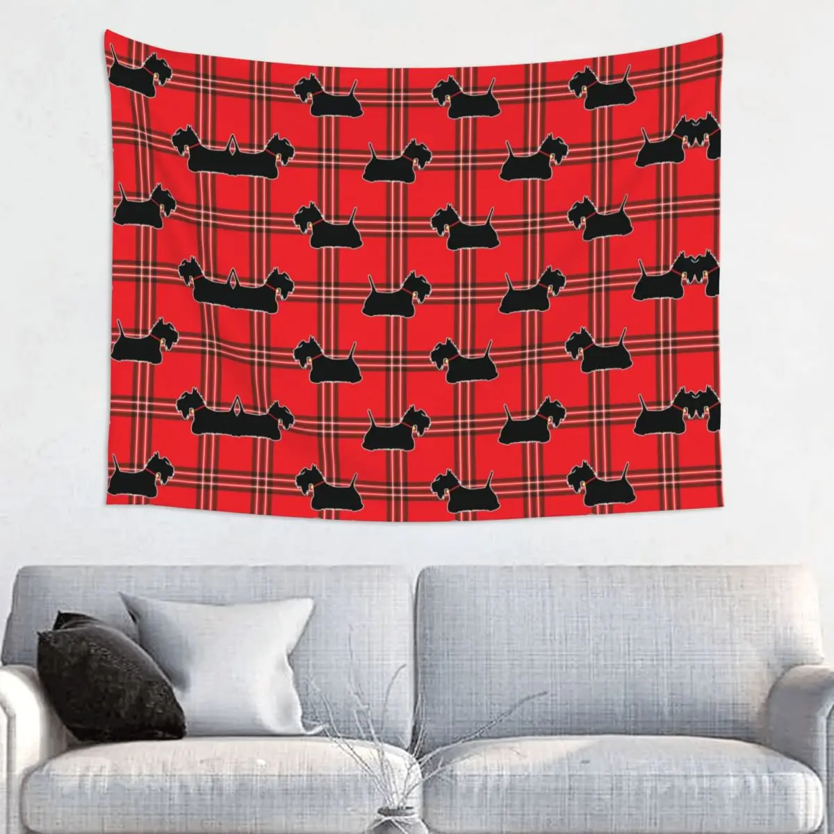 Scottie Dogs Tapestry Wall Hanging for Living Room Custom Hippie Scottish Terrier Dog Tartan Skye Tapestries Room Decor