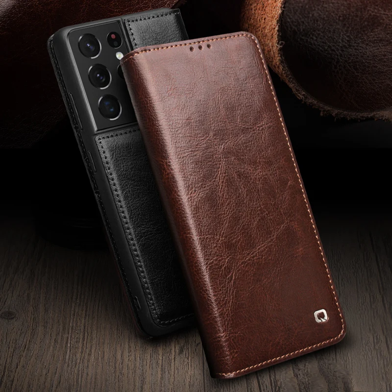 

Qialino Luxury Genuine Leather Phone Cover Case For Samsung Gaxaly S21 Plus Ultra Stylish Handmade Flip Case With Card Slots