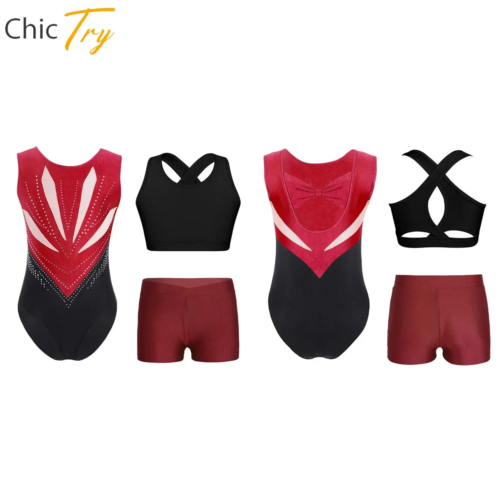 

Children Rhythmic Dance Set Girls Bowknot Cutout Back Rhinestones Leotard+Vest+Shorts Ballet Gymnastics Figure Skating Outfit