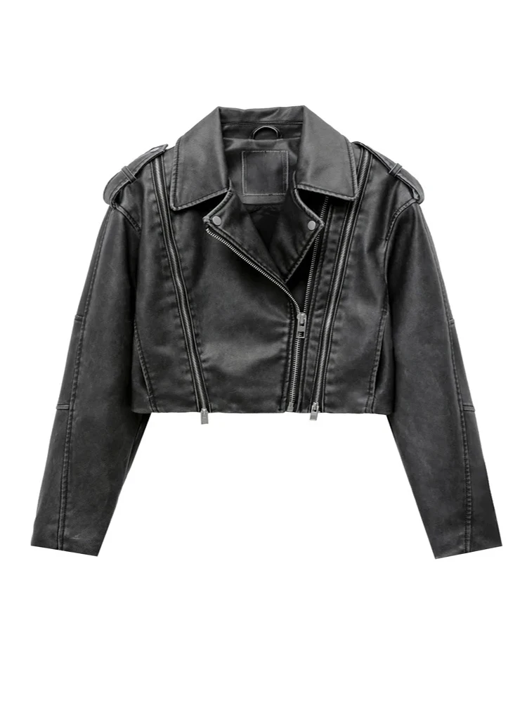 

2025 женская новая короткая мотоциклетная куртка из искусственной кожи со старым эффектом, женская потертое серое кожаное пальто