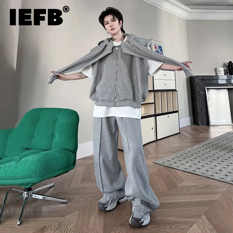 

IEFB High Street Men's Set Fashion Sleeve Spliced Hooded Waistcoat Straight Sports Pants New Personality Male Two-piece 28W3117