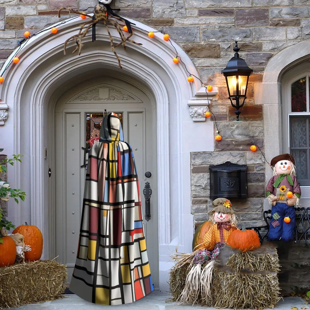 موندريان الحد الأدنى دي Stijl الحديثة طويلة مقنعين عباءة الساحرة القرون الوسطى زي تأثيري كيب هالوين معطف الكبار للجنسين