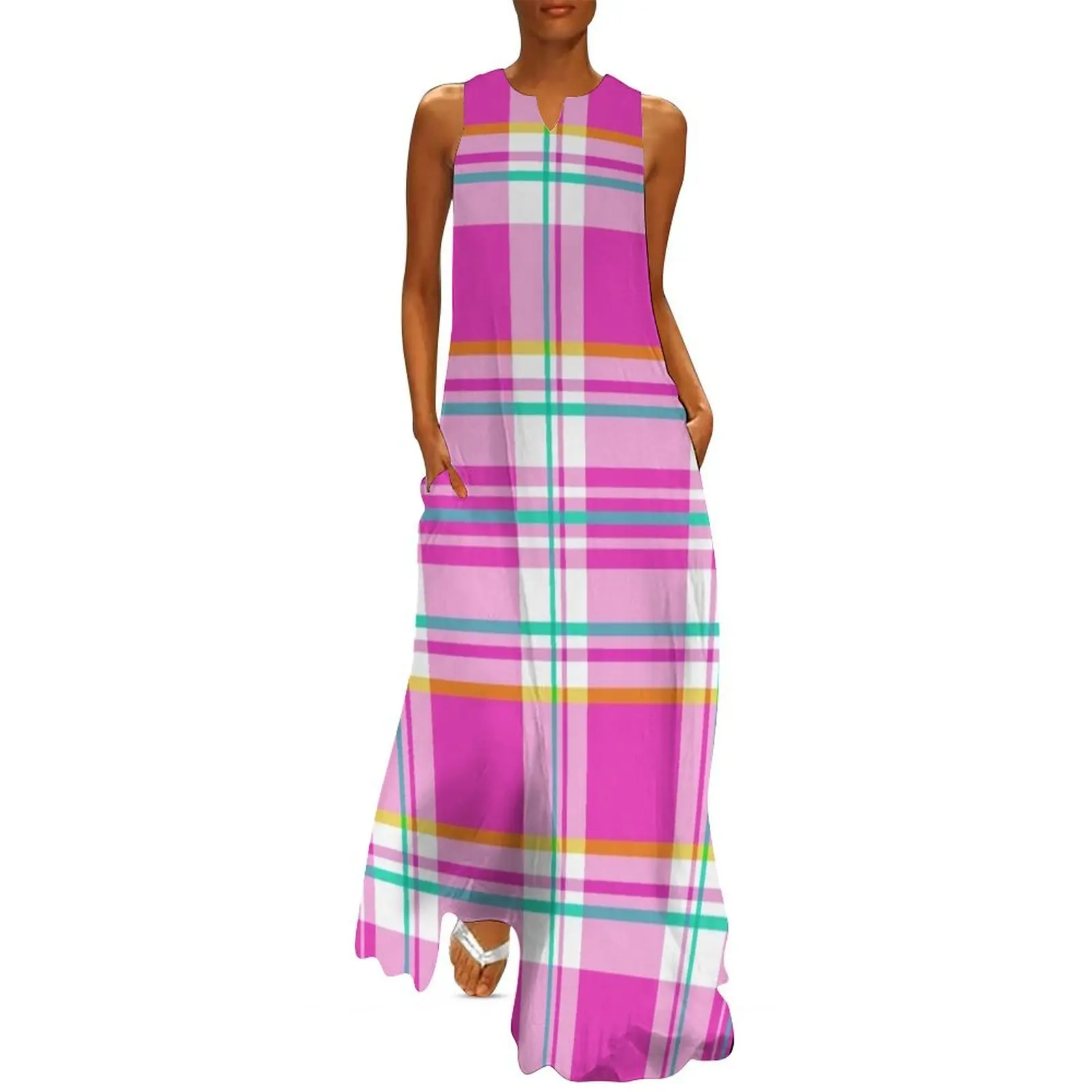 

Pink and Green Plaid Spring Preppy Long Dress women evening dress dresses for woman 2025 Beachwear Dress