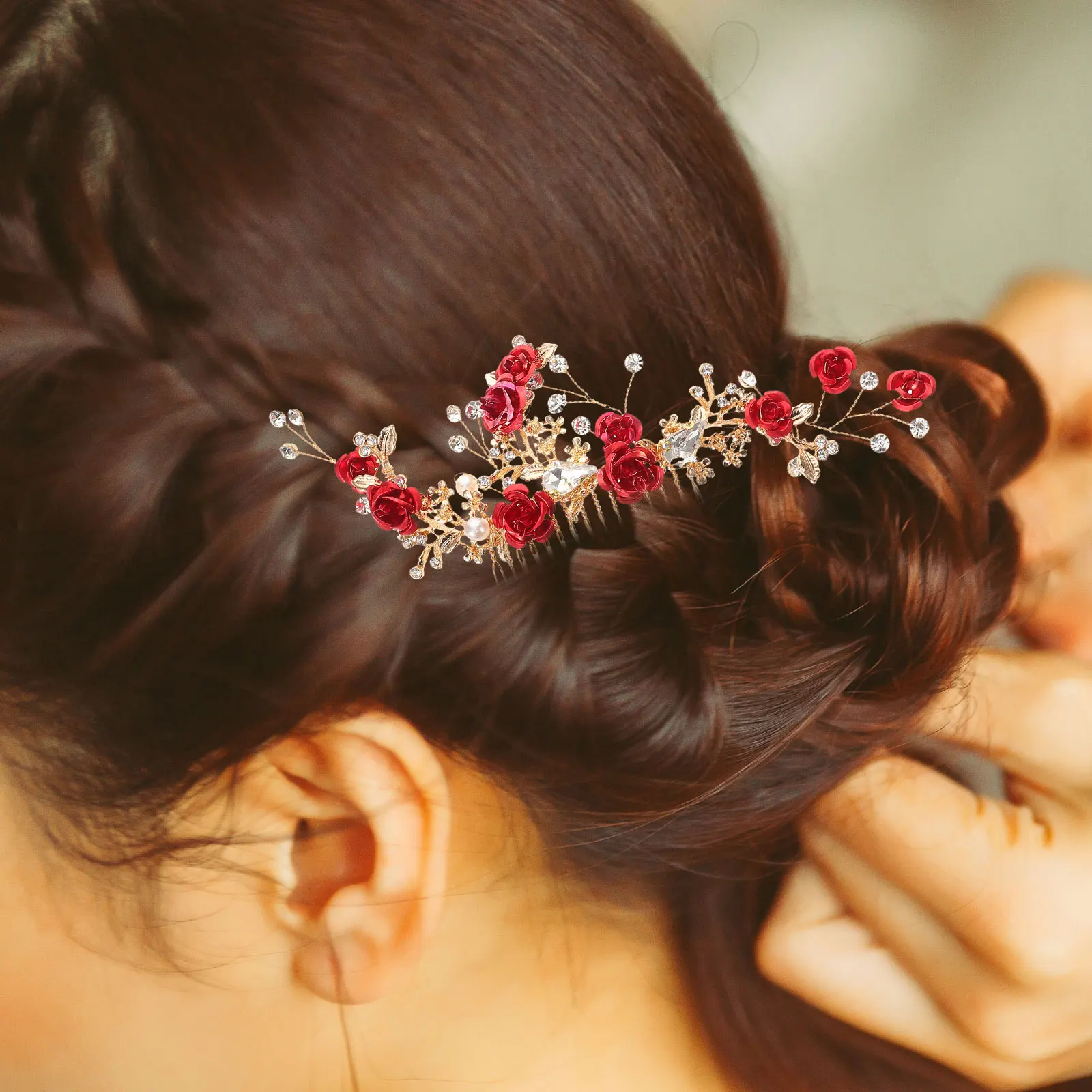 

Red Flower Hair Comb Elegant Bridal Accessories Wedding Bridesmaid Hair Combs Comfortable Unique Style Versatile Use