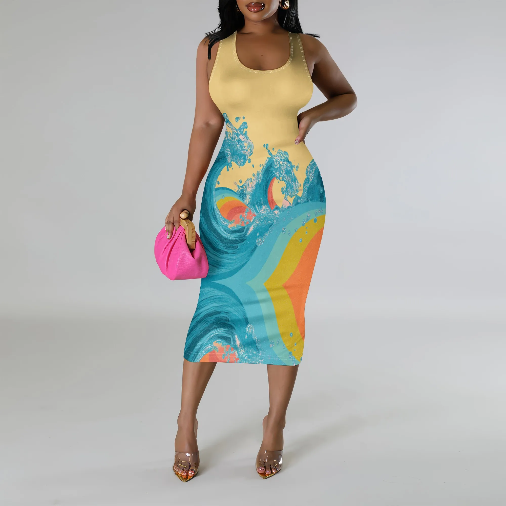 

Ocean Wave Print Bodycon Midi Dress XS‑3XL Sleeveless Scoop Neck Style for Beach Vacation, Summer Outing or Tropical Resort Look