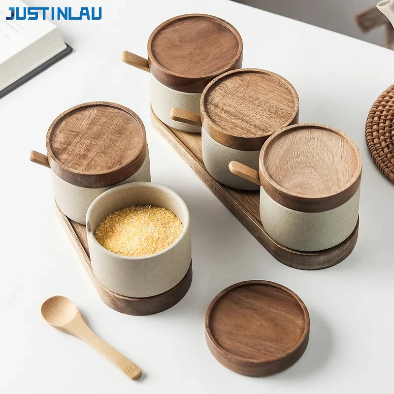 JUSTINLAU-tarro de cerámica para condimentos, contenedor de especias japonés con tapa de bambú, cuchara, olla de aceite para el hogar, bandeja para botellas de condimentos, herramientas de cocina