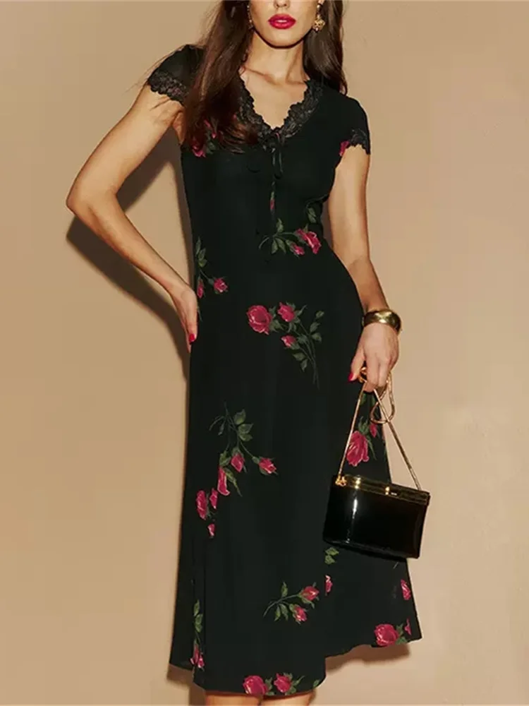 French Retro Lace Trim Midi Dress for Women V-neck Lace-up Elegant Slim Floral Printed High Waisted Short-sleeved Dresses 2024
