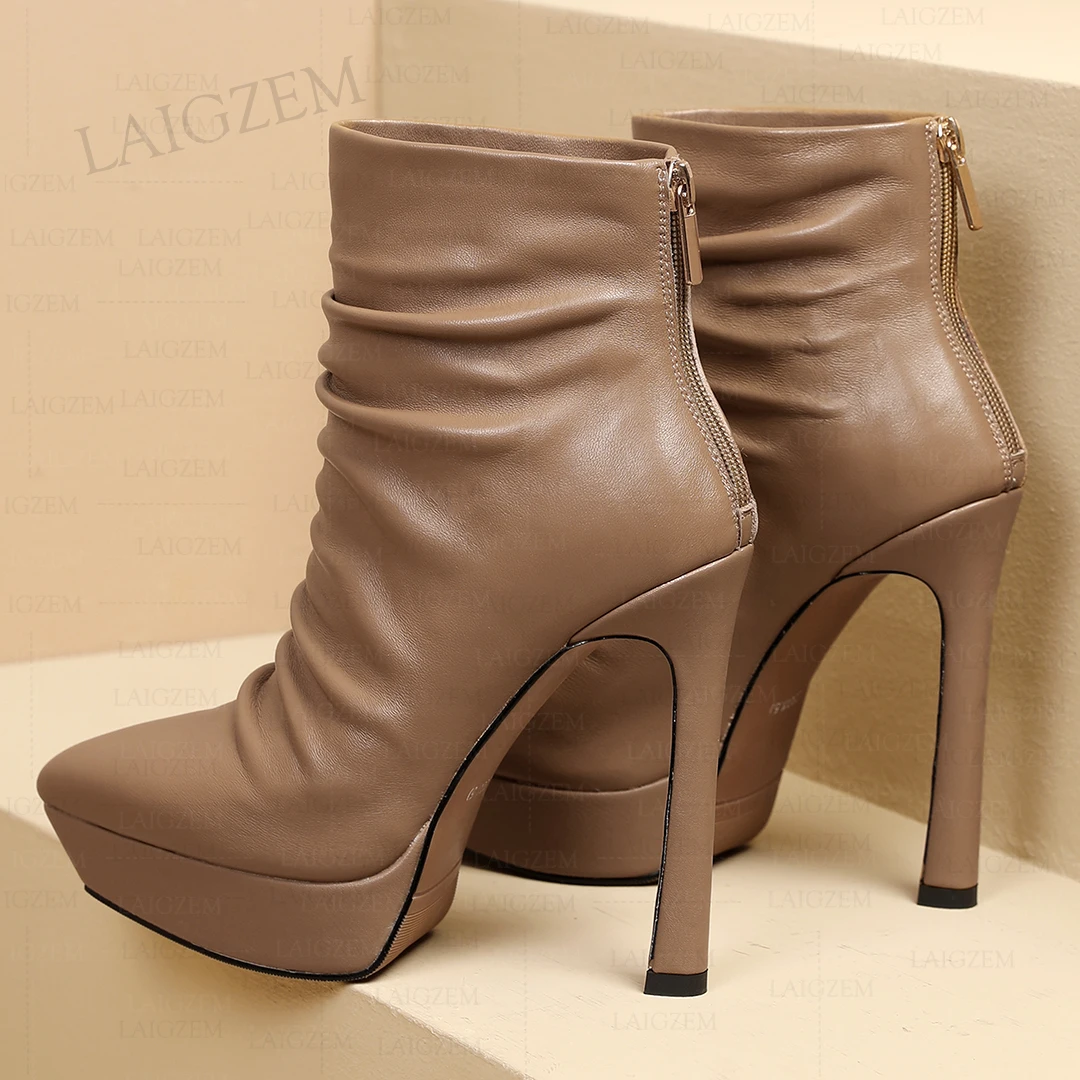 LAIGZEM Women Ankle Boots Real Leather Poindted Toe 12.5CM Back Zip Up Thin High Heels Short Boots Shoes Woman Size 33 38 40 41