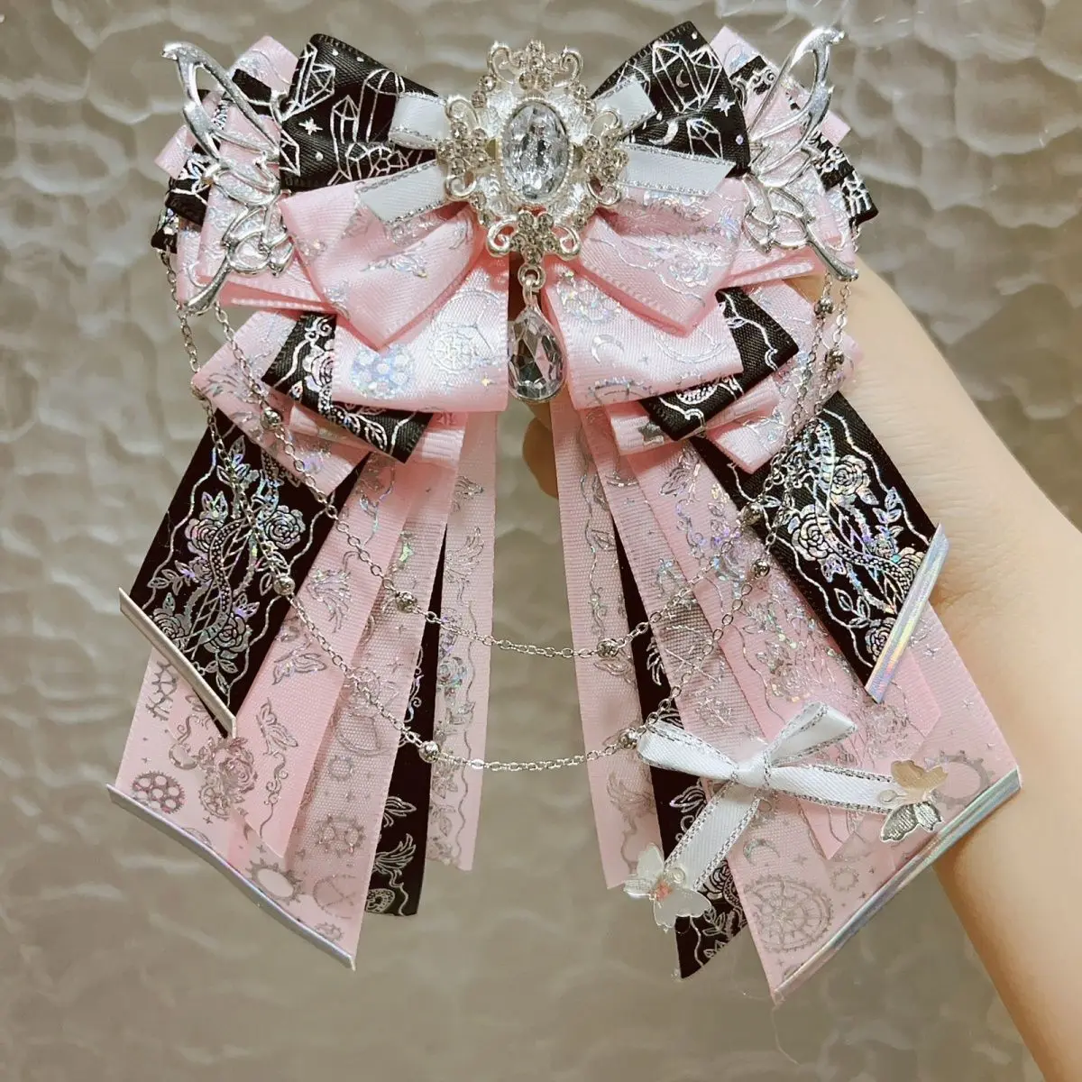 

Pure Handmade Lolita Bow Cosplay Bowtie Concert Support Stick Bowkont Luxury Rhinestone Brooch Shirt Collar Flowers Accessories