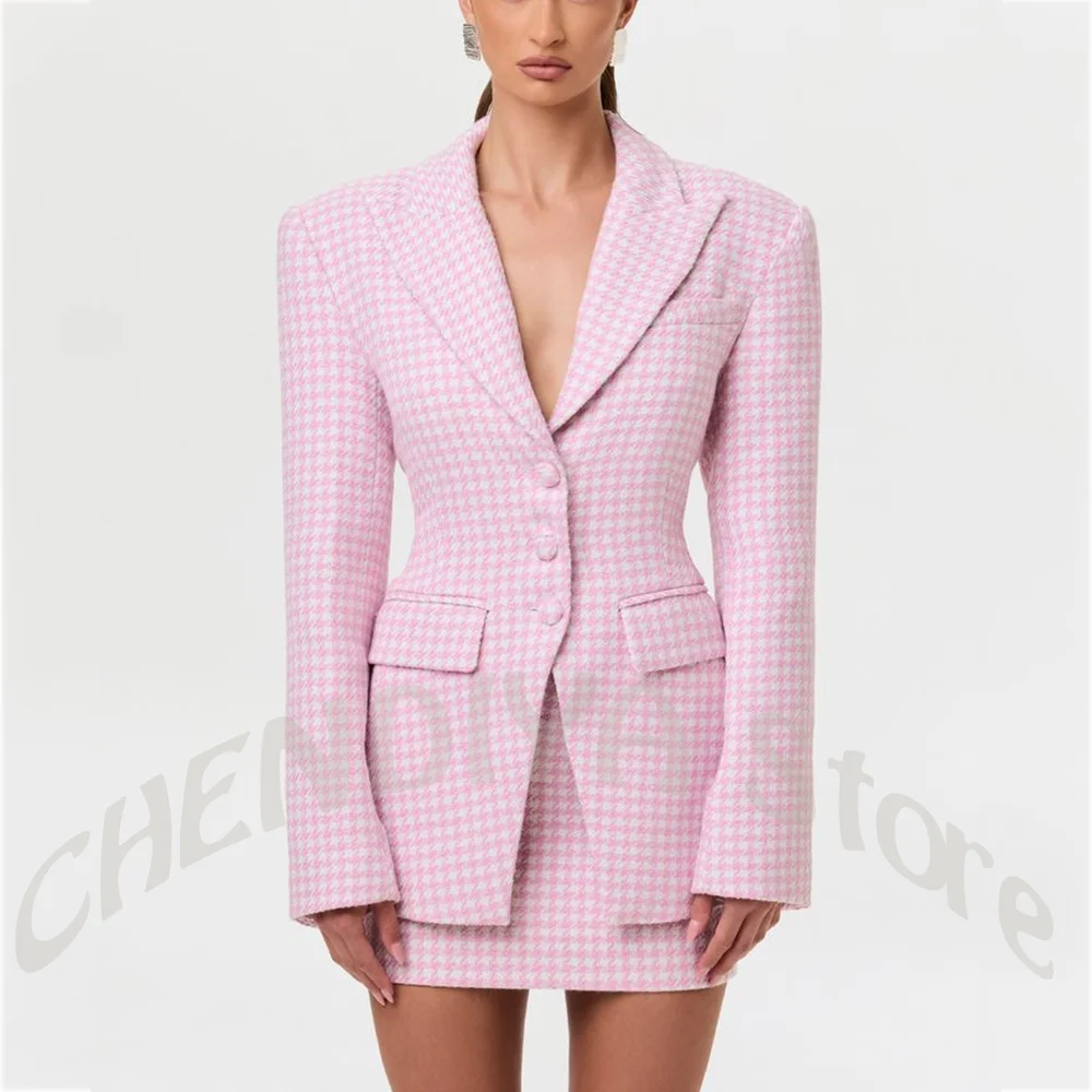 Classic Women's Pink Houndstooth Suit Lapel Collar Single Breasted Office Work Casual Street Style Female Outfit Jacket Skirt