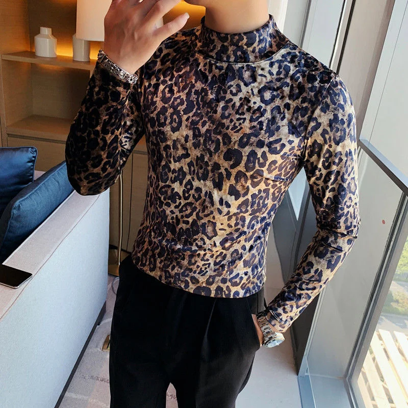 

Neck High T Shirt Top Quality Men T Shirt Fashion 2022 Winter Slim Fit Casual T-Shirts Mens Long Sleeve Leopard Print Tops&Tees