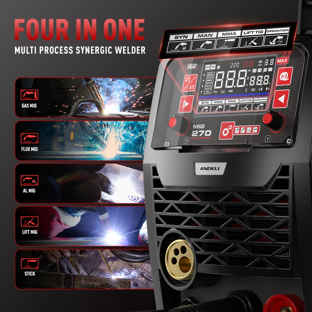 ANDELI 220 V Halbautomatisches Schweißgerät 200 A 4-in-1-Inverter-Schweißgerät Gas-/gasloses Aluminiumschweißen MIG WIG MMA Synergiewerkzeug