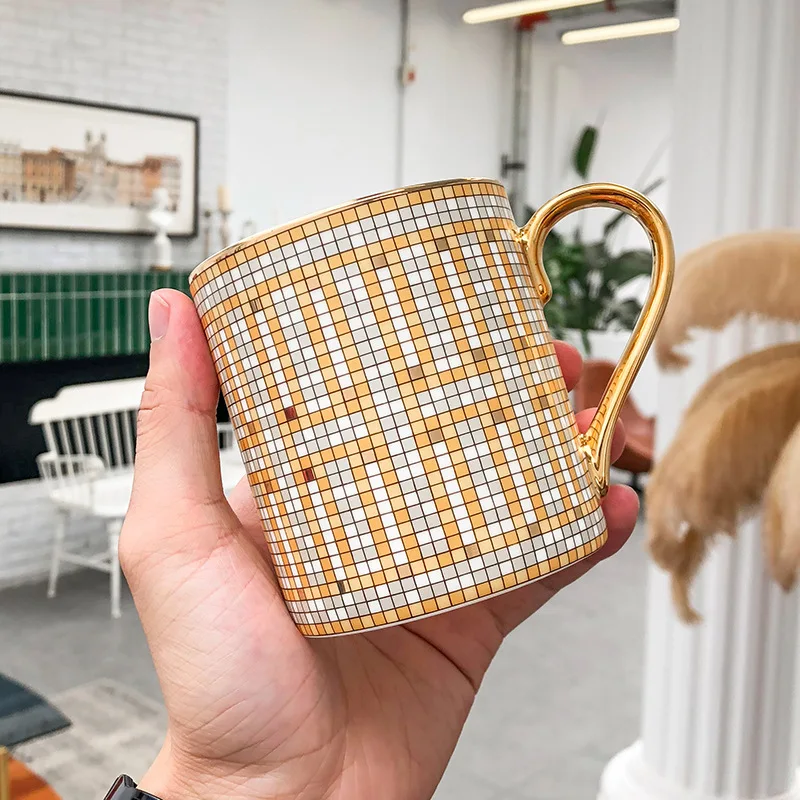 Luxury Noble Design Mosaic Coffee Cup Nordic Ins Hot Gold Painted Ceramic Water Cup 350ml Coffee Cup Fashion Milk Cup