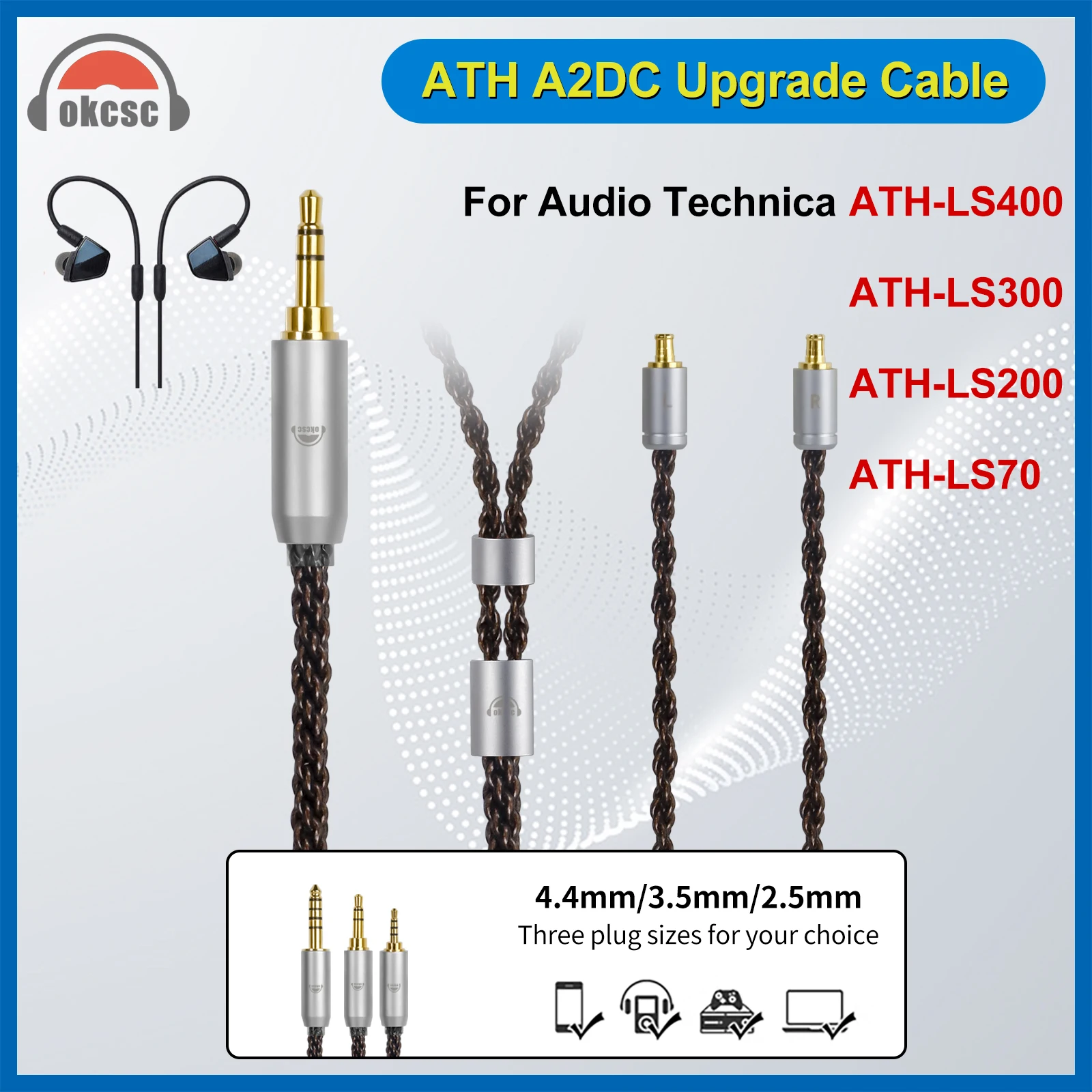 

OKCSC ZT8 A2DC Jack Headphone Replacement Cable 8 Core Braided Silver Plated Cable for For Audio Technica ATH-LS70iS ATH-LS200iS