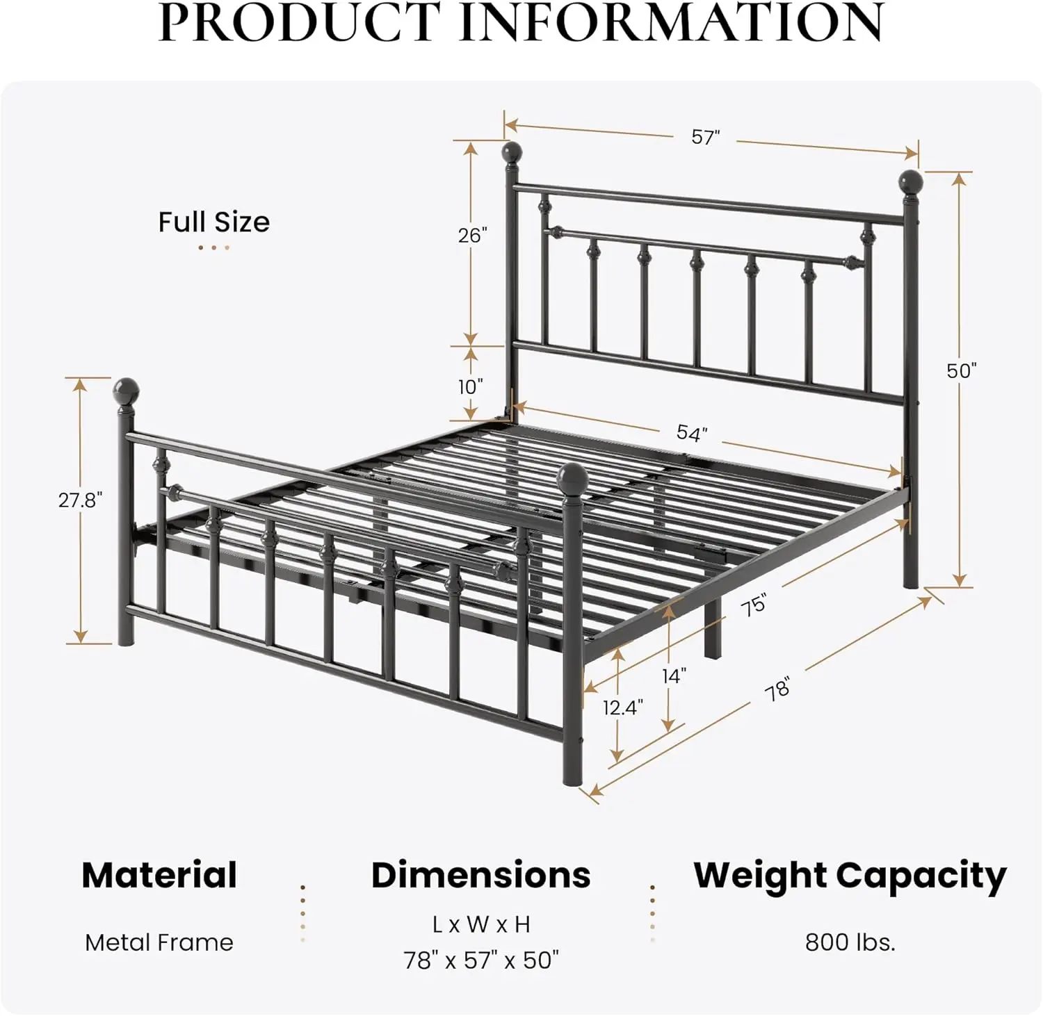 SHA CERLIN 14'' Full Size Metal Platform Bed Frame/Victorian Headboard and Footboard/Steel Slats Mattress Foundation for Storage