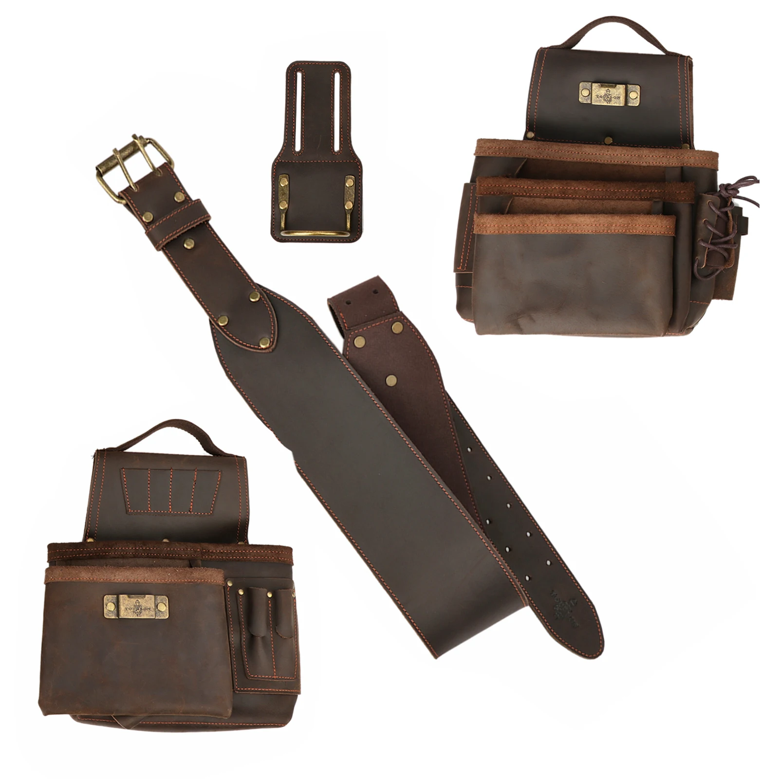 Imagem -04 - Tourbon-couro Ferramenta Cintura Bolsas Cinto Ajustável Bolsos Destacáveis Heavy Duty Carpenter Eletricista Combo Bolsas Tan