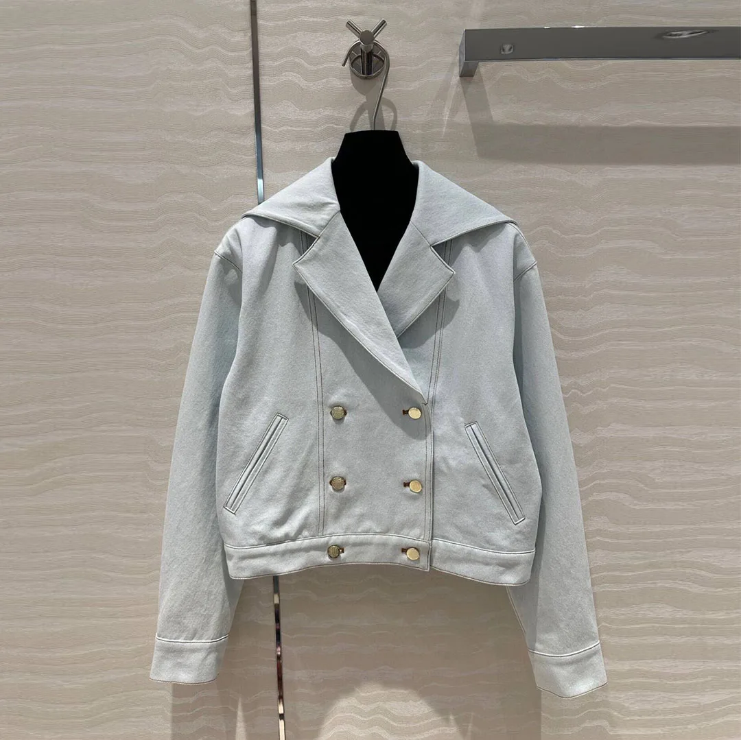 

2024 New Autumn Fashion Light Blue Washed Denim Jacket Women Sailor Collar Lapel Long Sleeve Buttons Loose Sweet Coat